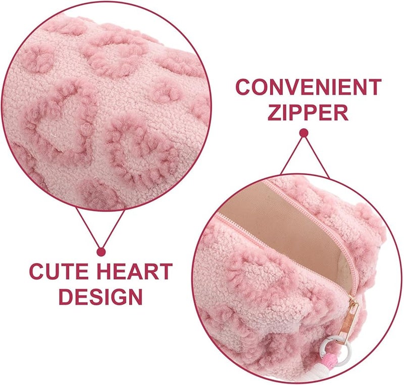 Large Capacity Pink Plush Heart Makeup Bag Travel Cosmetic Pouch Soft Toiletry Organizer - Image 3